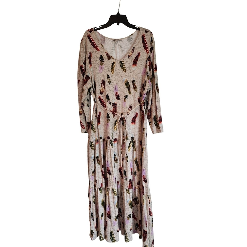 Astrologie Maxi Tiered Dress Belted Feather Print Boho Chic Pockets Womens XXL